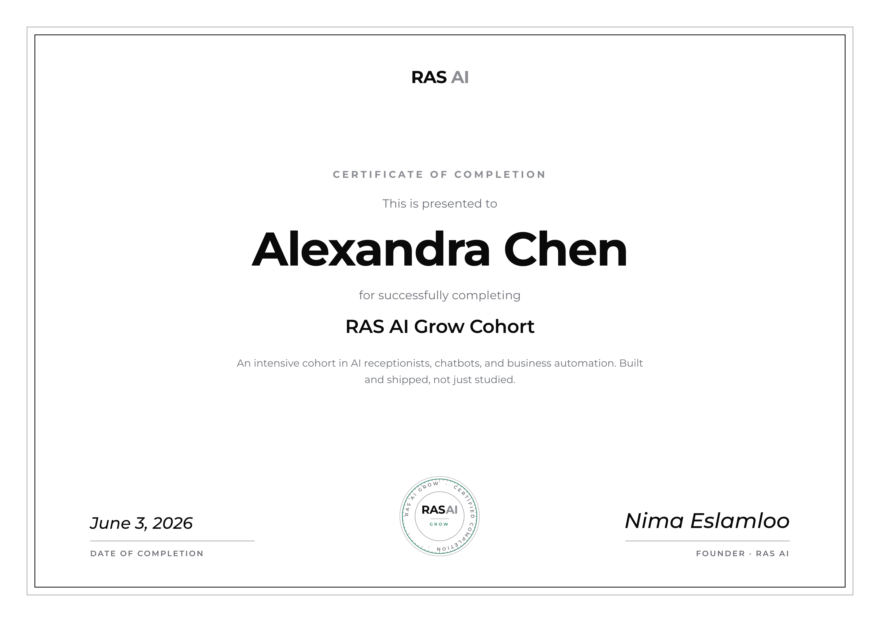 نمونهی گواهی پایان دورهی RAS AI Grow